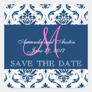 Blue Damask Initial Save the Date Aufkleber