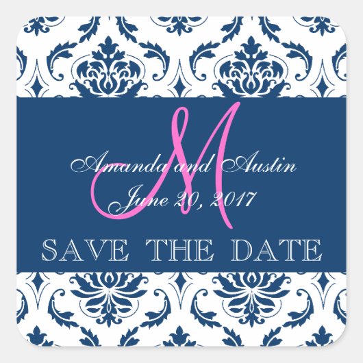 Blue Damask Initial Save the Date Aufkleber (Vorderseite)