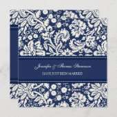 Blue Damask Just Married Announctions Cards Ankündigung (Vorne/Hinten)