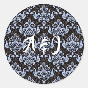 Blue Damask Labels mit Initialen Runder Aufkleber