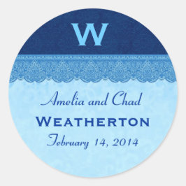 Blue Damask Lace Monogram Wedding G214 Runder Aufkleber