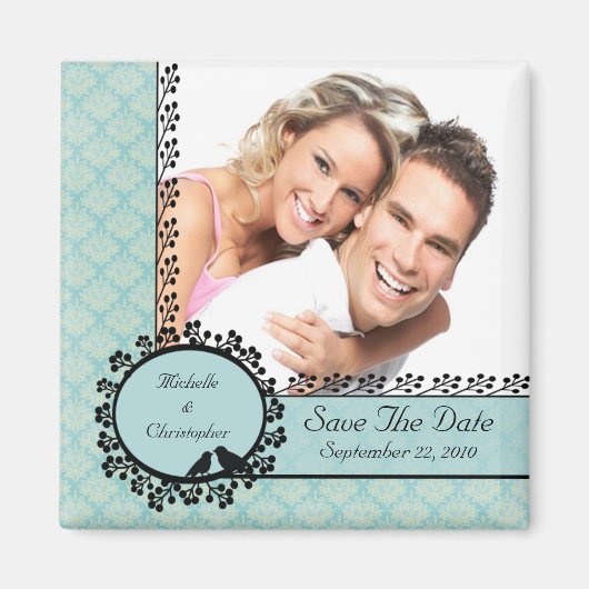 Blue Damask Love Birds Foto Speichern das Date Mag Magnet (Vorne)