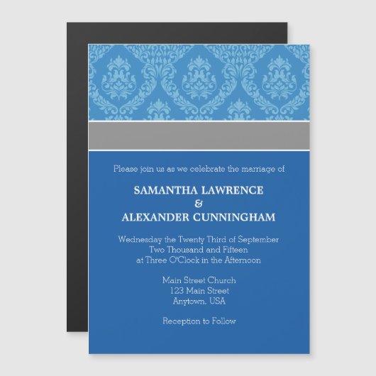 Blue Damask Magnetic Wedding Einladung (Vorne/Hinten)