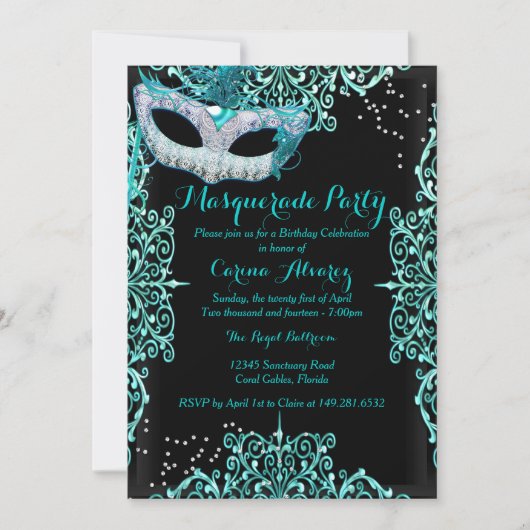 Blue Damask Masquerade Geburtstag Einladung (Vorderseite)