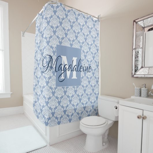 Blue Damask Mit Monogramm Duschvorhang mit Name (Beispiel)
