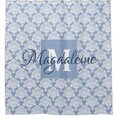 Blue Damask Mit Monogramm Duschvorhang mit Name (Vorderseite)