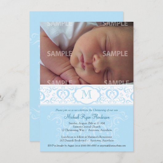 Blue Damask Monogram Baptisc/Christening Einladung (Vorne/Hinten)