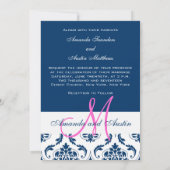Blue Damask Monogram Foto Hochzeit Einladungen (Rückseite)