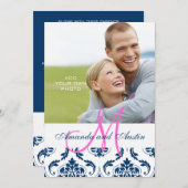 Blue Damask Monogram Foto Hochzeit Einladungen (Vorne/Hinten)
