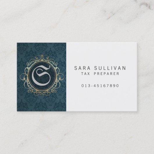 Blue Damask Monogram für Steuervorbereitung Financ Visitenkarte (Vorderseite)