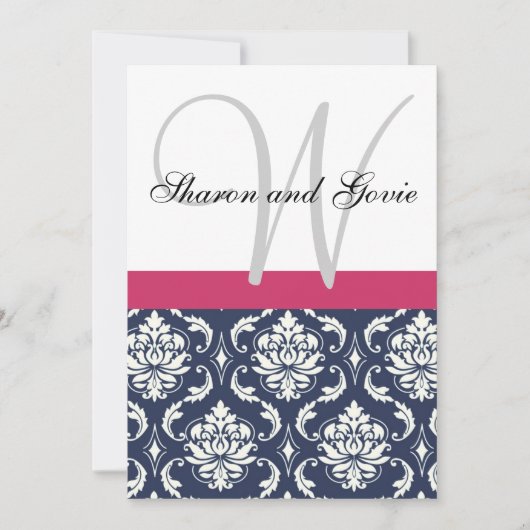 Blue Damask Monogram Names Wedding Einladung (Vorderseite)