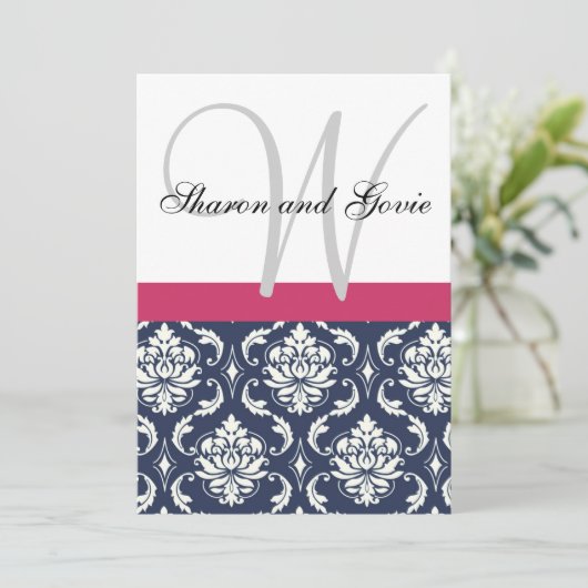 Blue Damask Monogram Names Wedding Einladung (Stehend Vorderseite)