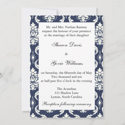 Blue Damask Monogram Names Wedding Einladung (Rückseite)