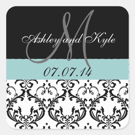 Blue Damask Monogram Save the Date Stickers (Vorderseite)