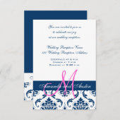 Blue Damask Monogram Wedding Reception Begleitkarte (Vorne/Hinten)