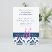 Blue Damask Monogram Wedding Reception Begleitkarte (Stehend Vorderseite)