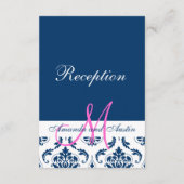 Blue Damask Monogram Wedding Reception Begleitkarte (Rückseite)