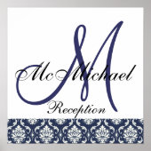 Blue Damask Monogram Wedding Reception Sign Poster (Vorne)