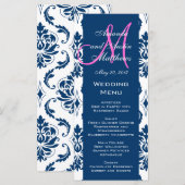 Blue Damask Monogram Wedelmenu Cards Menükarte (Vorne/Hinten)