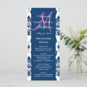 Blue Damask Monogram Wedelmenu Cards Menükarte (Stehend Vorderseite)