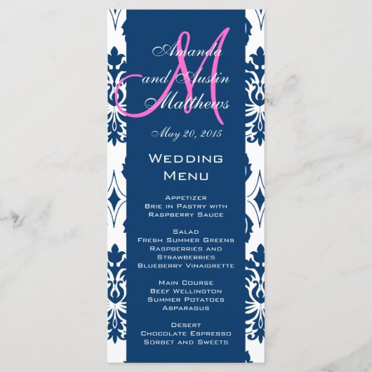 Blue Damask Monogram Wedelmenu Cards Menükarte (Vorderseite)