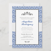Blue Damask Muster Foto Abschluss Einladung (Vorderseite)