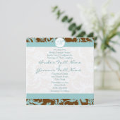 Blue Damask on Brown Wedding Einladung (Stehend Vorderseite)