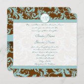Blue Damask on Brown Wedding Einladung (Vorne/Hinten)