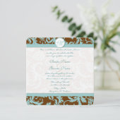 Blue Damask on Brown Wedding Einladung (Stehend Vorderseite)