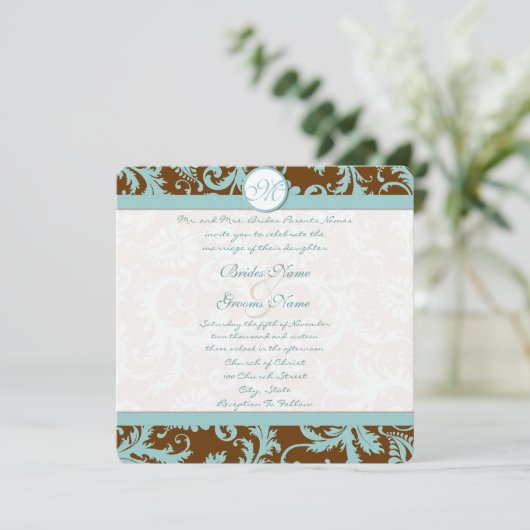 Blue Damask on Brown Wedding Einladung (Stehend Vorderseite)