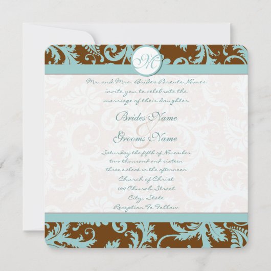 Blue Damask on Brown Wedding Einladung (Vorderseite)