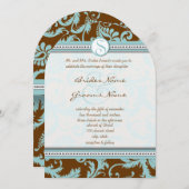 Blue Damask on Brown Wedding Einladung (Vorne/Hinten)