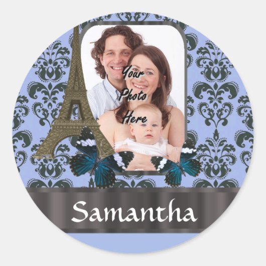 Blue Damask Paris Collage Runder Aufkleber (Vorderseite)