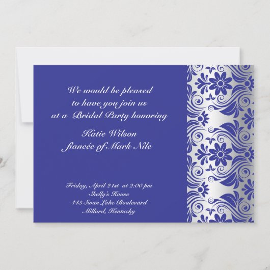 Blue damask pattern bridal shower invitation einladung (Vorderseite)