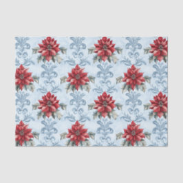 Blue Damask Pattern with Red Poinsettia Flowers Seidenpapier