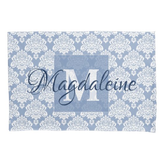 Blue Damask Pillow Case mit Monogramm und Name Kissenbezug (Vorderseite)