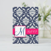 Blue Damask Pink RSVP Karten für Square Einladunge (Stehend Vorderseite)