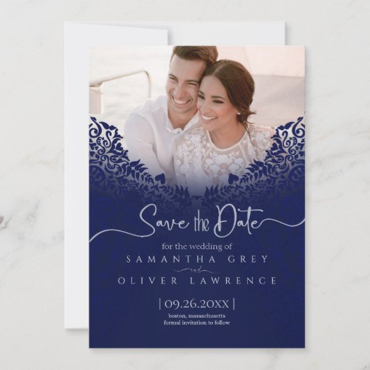 Blue Damask Save the Date Card mit benutzerdefinie Dankeskarte (Vorderseite)