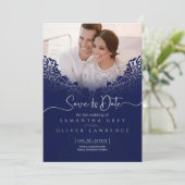 Blue Damask Save the Date Card mit benutzerdefinie Dankeskarte (Stehend Vorderseite)
