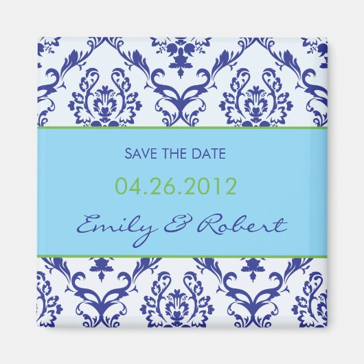 Blue Damask Save the Date Hochzeitsmagnet Magnet (Vorne)