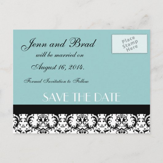 Blue Damask Save the Date Postkarte (Rückseite)