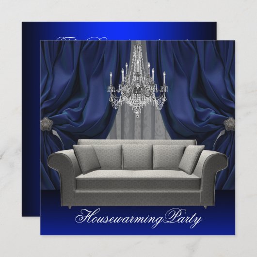 Blue Damask Sofa Chandelier Housewarming Party Einladung (Vorne/Hinten)