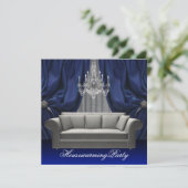 Blue Damask Sofa Chandelier Housewarming Party Einladung (Stehend Vorderseite)