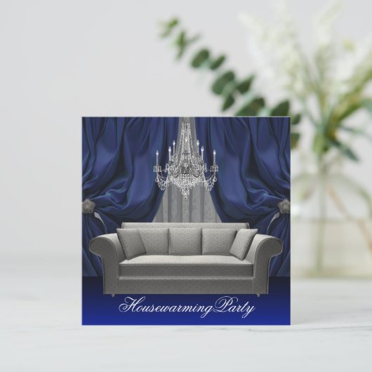 Blue Damask Sofa Chandelier Housewarming Party Einladung (Stehend Vorderseite)