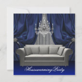 Blue Damask Sofa Chandelier Housewarming Party Einladung (Vorderseite)
