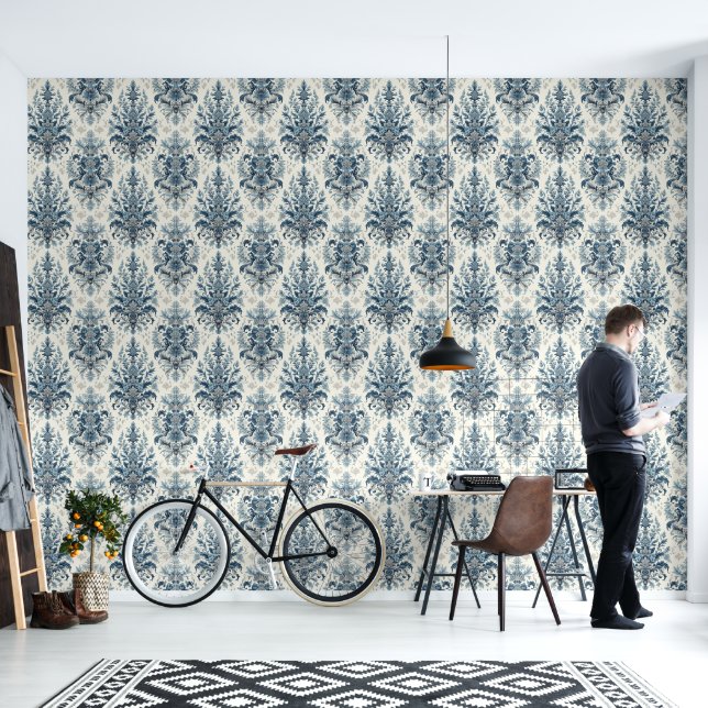Blue Damask Style Wallpaper Tapete (Wohnbereich)
