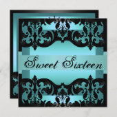 Blue Damask Sweet16 Elegant Birthday Einladung (Vorne/Hinten)