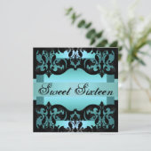 Blue Damask Sweet16 Elegant Birthday Einladung (Stehend Vorderseite)