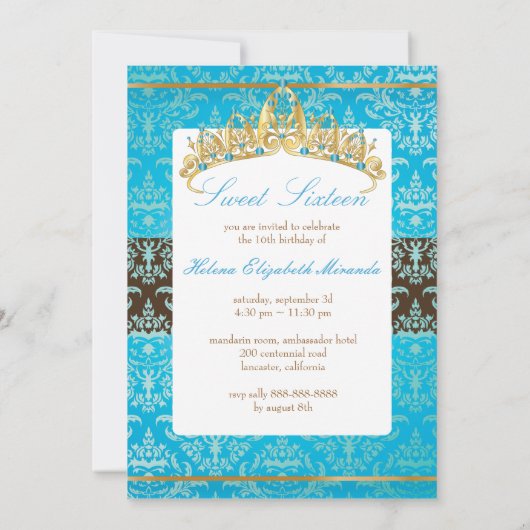 Blue Damask Sweet 16/ tiara/Türkis Einladungen (Rückseite)