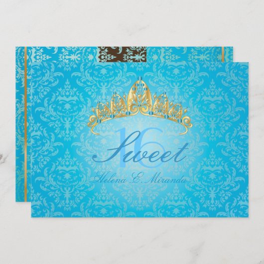 Blue Damask Sweet 16/ tiara/Türkis Einladungen (Vorne/Hinten)